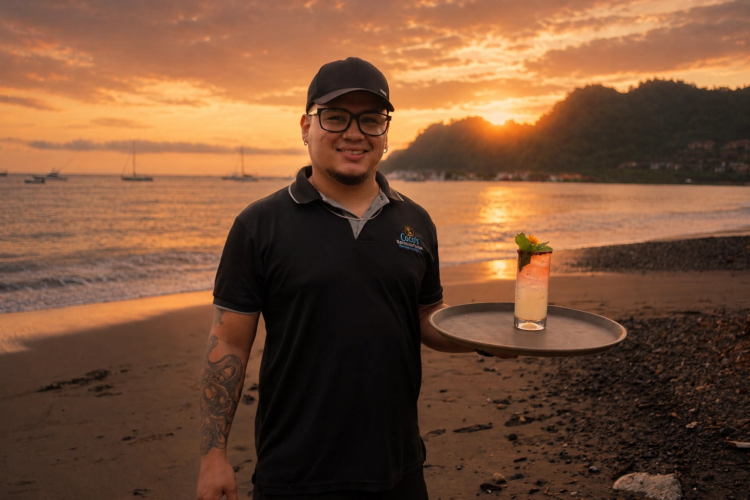 Mesero de Cocos Beach Front con cóctel frente al sunset de Herradura